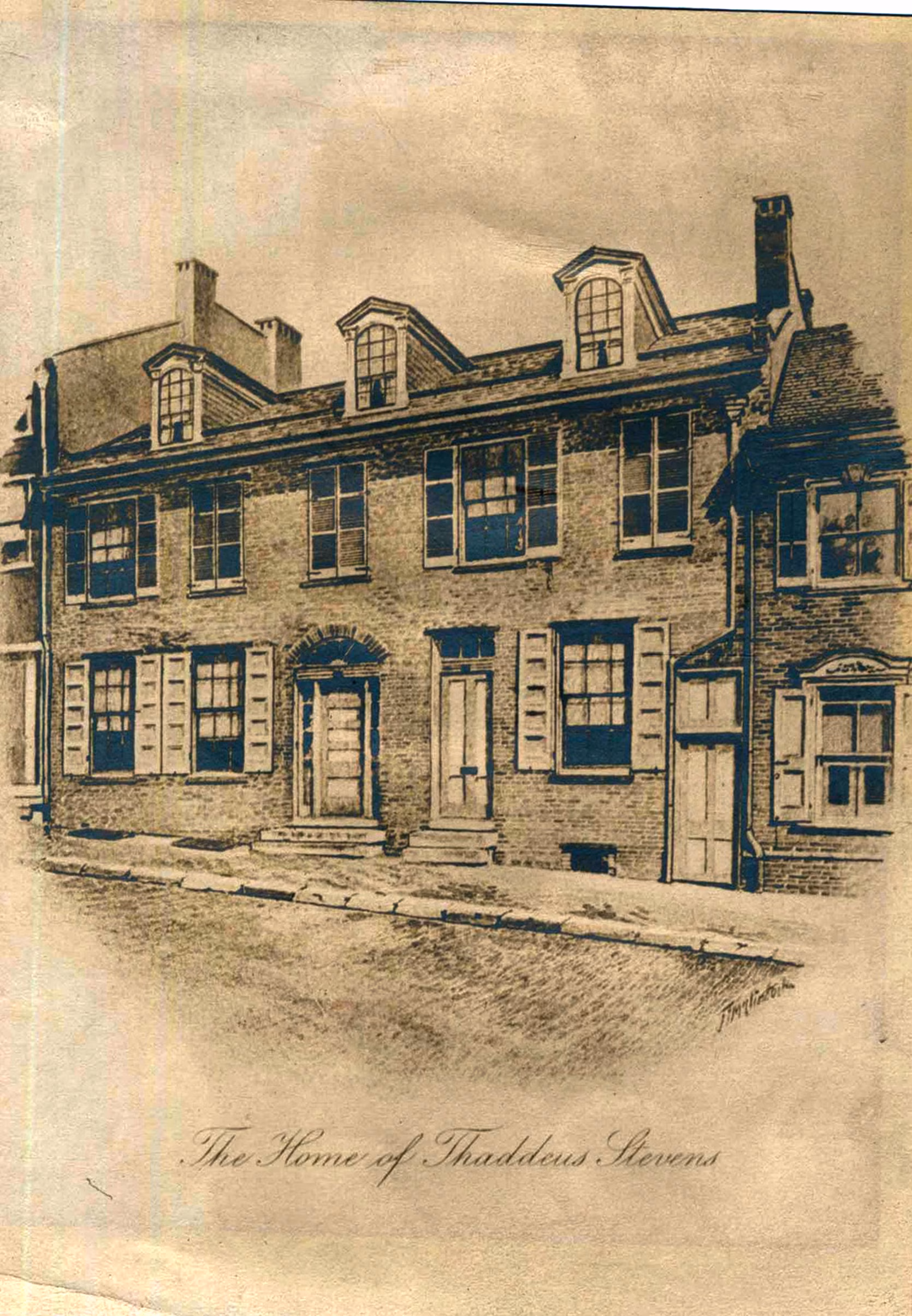Sepia-toned illustration of a two-story brick house with dormer windows, shutters, and three front doors. The text at the bottom reads, The Home of Thaddeus Stevens.